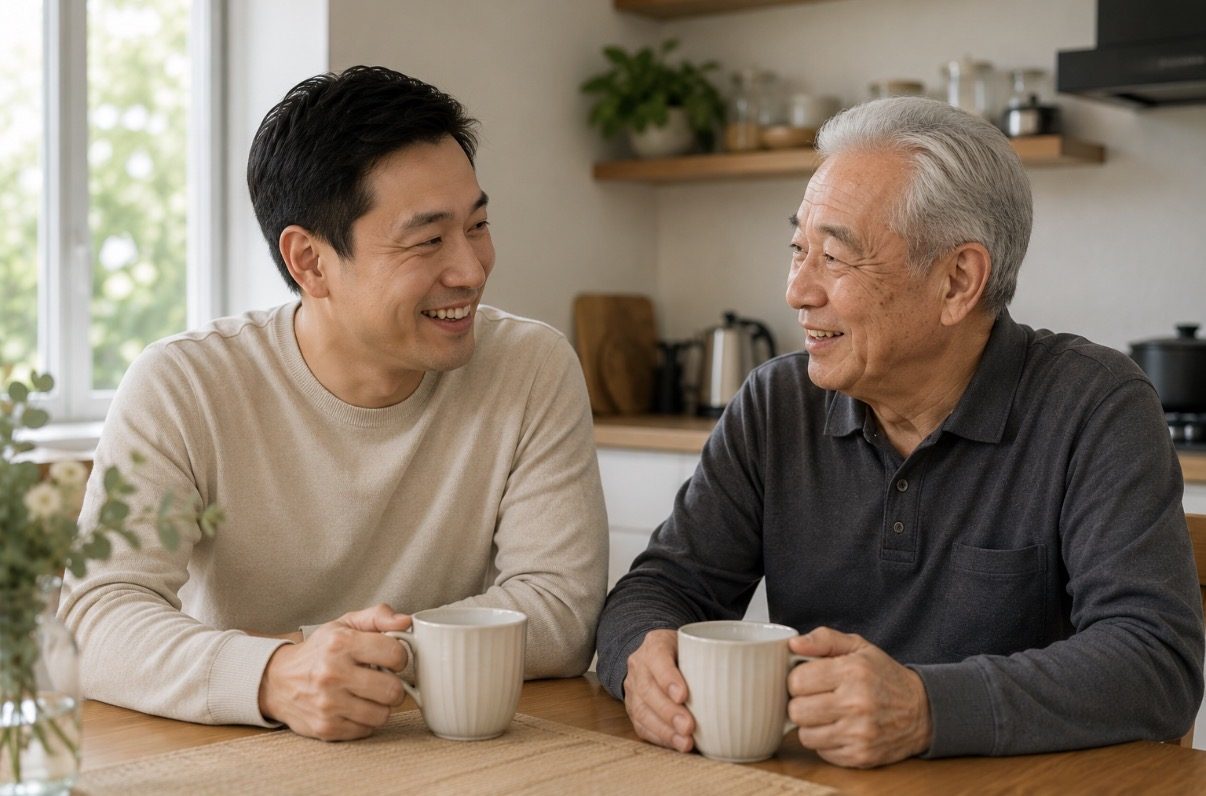 An adult son and his father having a cup of tea at the kitchen table