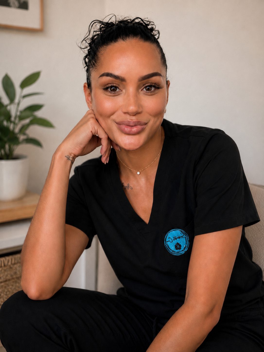 Sass Francis, founder of Sassential Care, in Sassential black scrubs